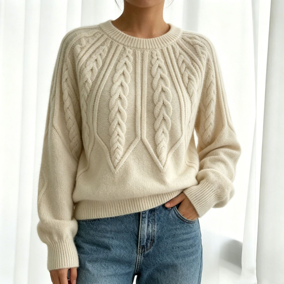 Maline | Damen Kurzer Zopfmuster Pullover mit Ballonärmeln, Rundhals