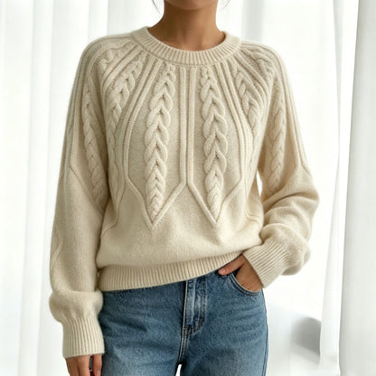 Maline | Damen Kurzer Zopfmuster Pullover mit Ballonärmeln, Rundhals