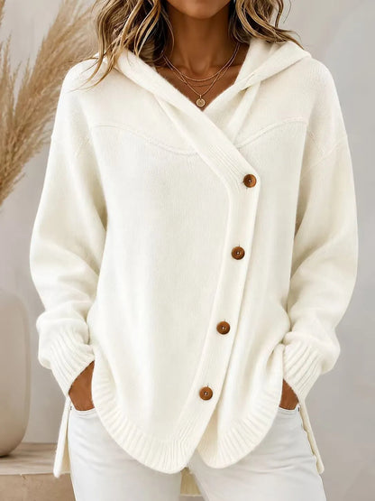 Dorlies | Strickjacke Damen mit Kapuze und asymmetrischer Knopfleiste