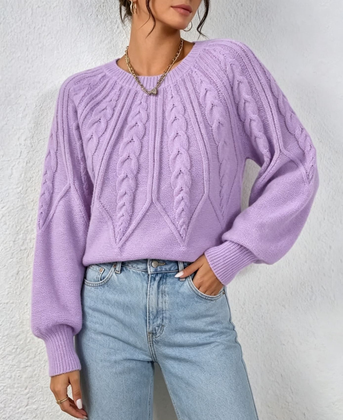 Maline | Damen Kurzer Zopfmuster Pullover mit Ballonärmeln, Rundhals