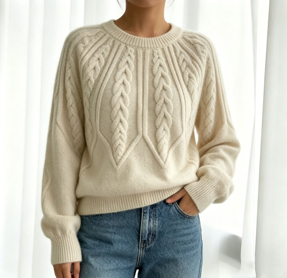 Maline | Damen Kurzer Zopfmuster Pullover mit Ballonärmeln, Rundhals