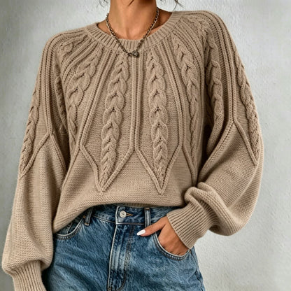 Maline | Damen Kurzer Zopfmuster Pullover mit Ballonärmeln, Rundhals