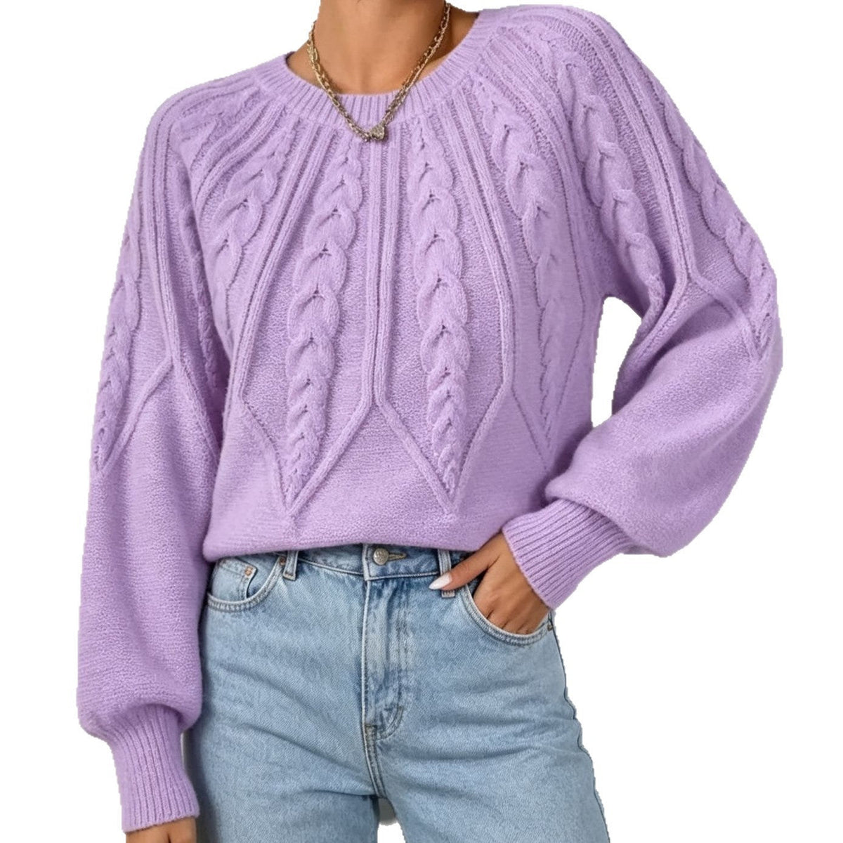Maline | Damen Kurzer Zopfmuster Pullover mit Ballonärmeln, Rundhals