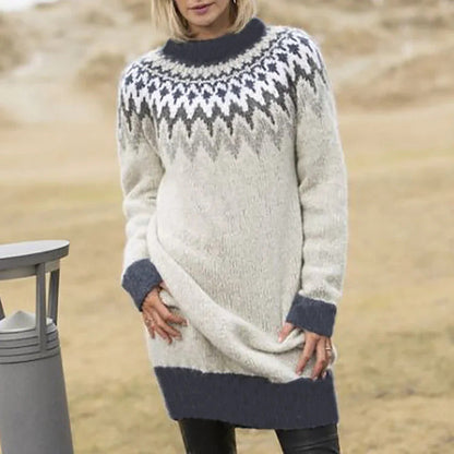 Maia | Damen Strickkleid mit Norwegermuster und Stehkragen