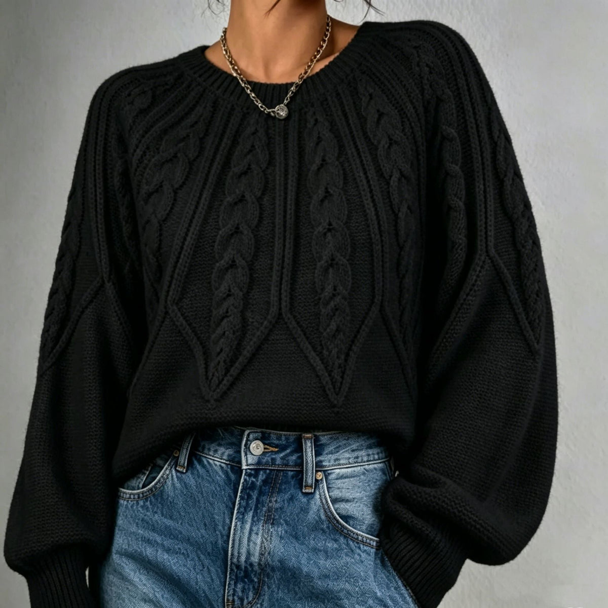 Maline | Damen Kurzer Zopfmuster Pullover mit Ballonärmeln, Rundhals