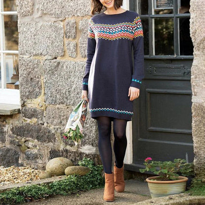 Maia | Damen Strickkleid mit Norwegermuster und Stehkragen