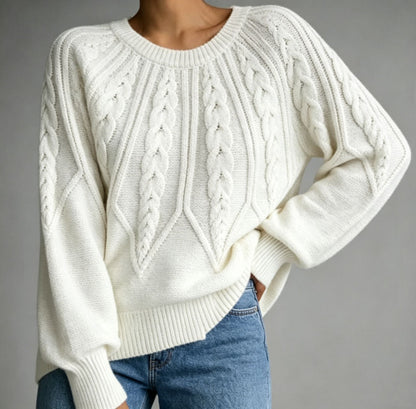 Maline | Damen Kurzer Zopfmuster Pullover mit Ballonärmeln, Rundhals