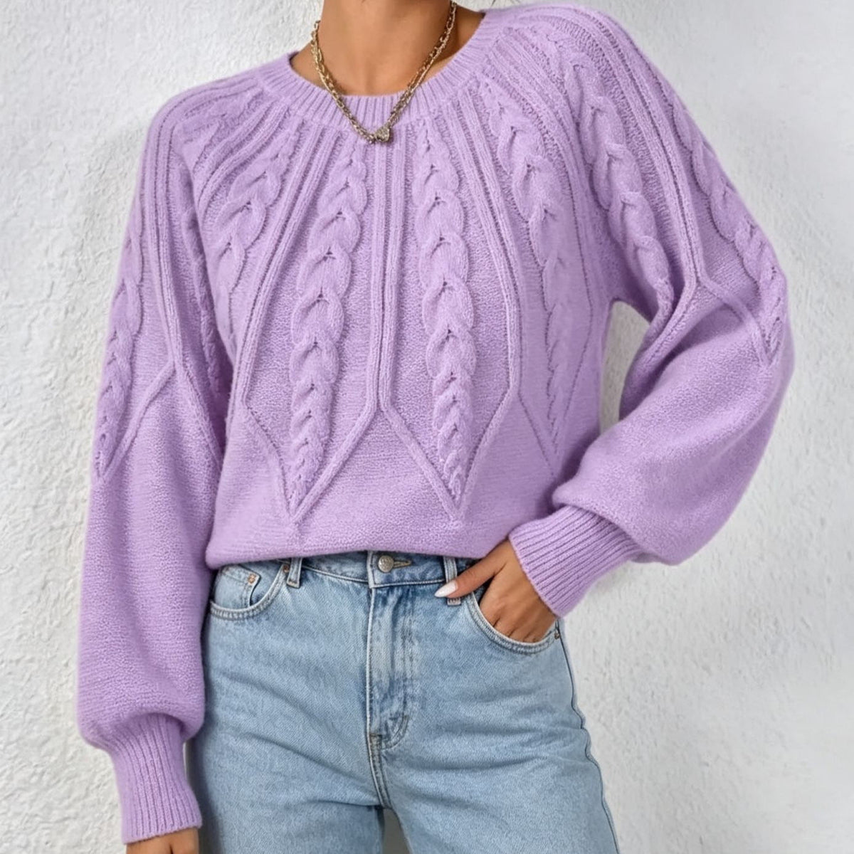 Maline | Damen Kurzer Zopfmuster Pullover mit Ballonärmeln, Rundhals