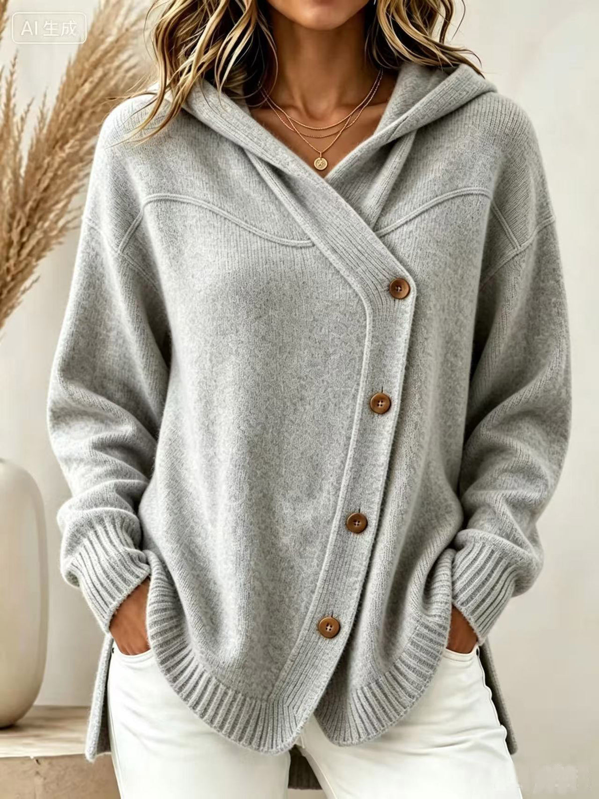 Dorlies | Strickjacke Damen mit Kapuze und asymmetrischer Knopfleiste