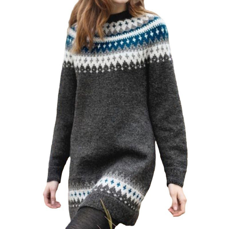 Maia | Damen Strickkleid mit Norwegermuster und Stehkragen