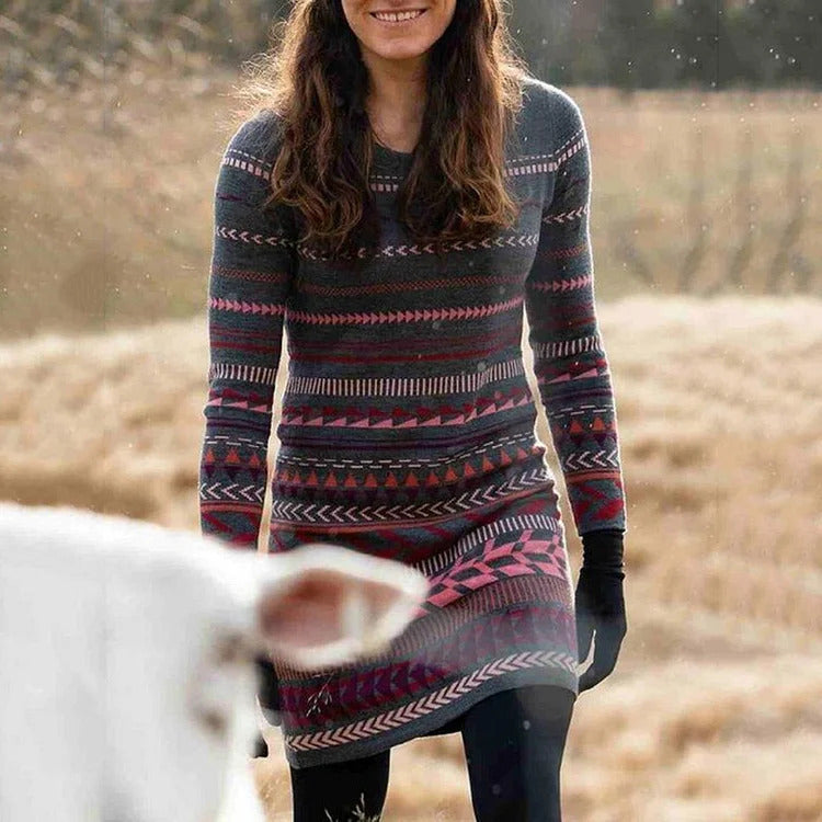 Maia | Damen Strickkleid mit Norwegermuster und Stehkragen