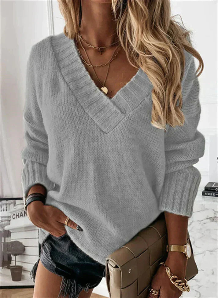 Lena | Gerippter V-Ausschnitt Strickpullover mit lockerer Passform für Damen