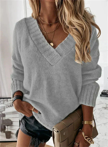 Lena | Gerippter V-Ausschnitt Strickpullover mit lockerer Passform für Damen