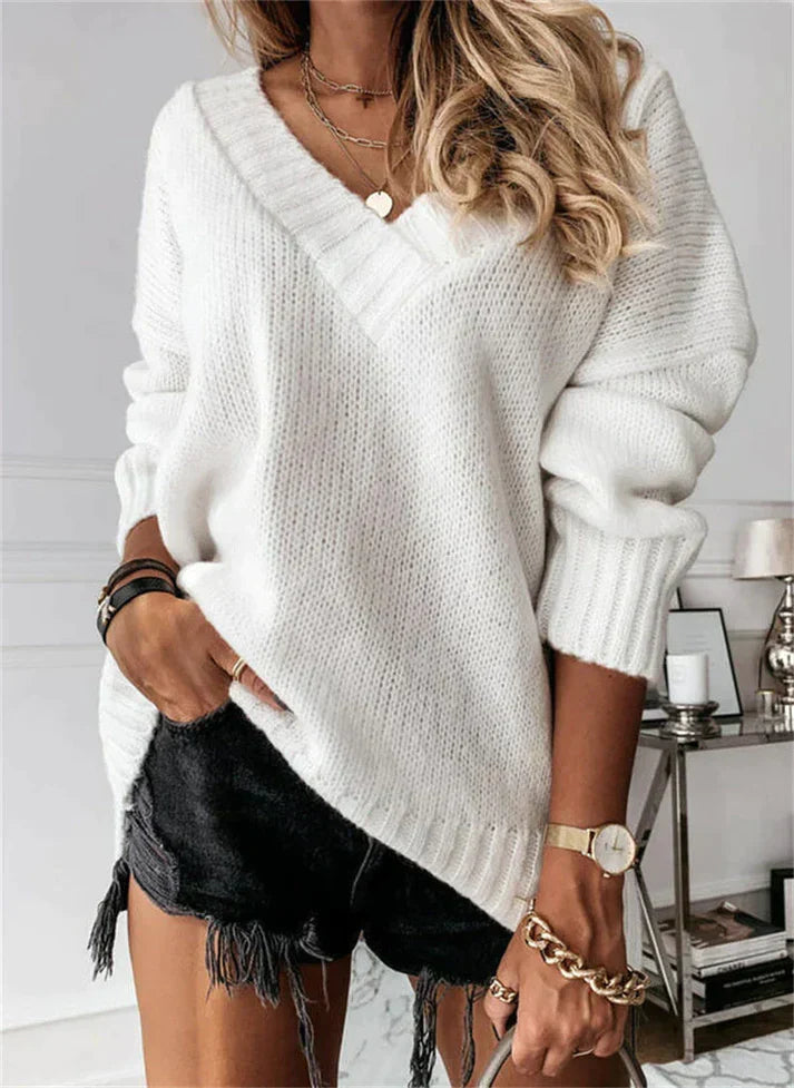 Lena | Gerippter V-Ausschnitt Strickpullover mit lockerer Passform für Damen