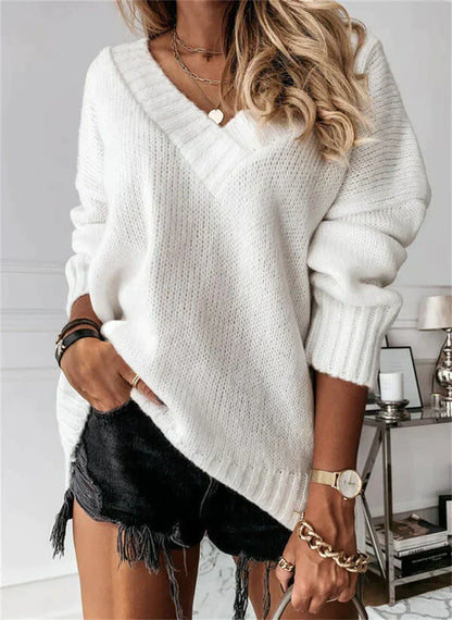 Lena | Gerippter V-Ausschnitt Strickpullover mit lockerer Passform für Damen