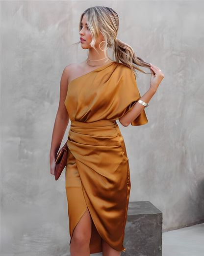 Flore | Einschulter Midikleid mit Drapierung für Damen