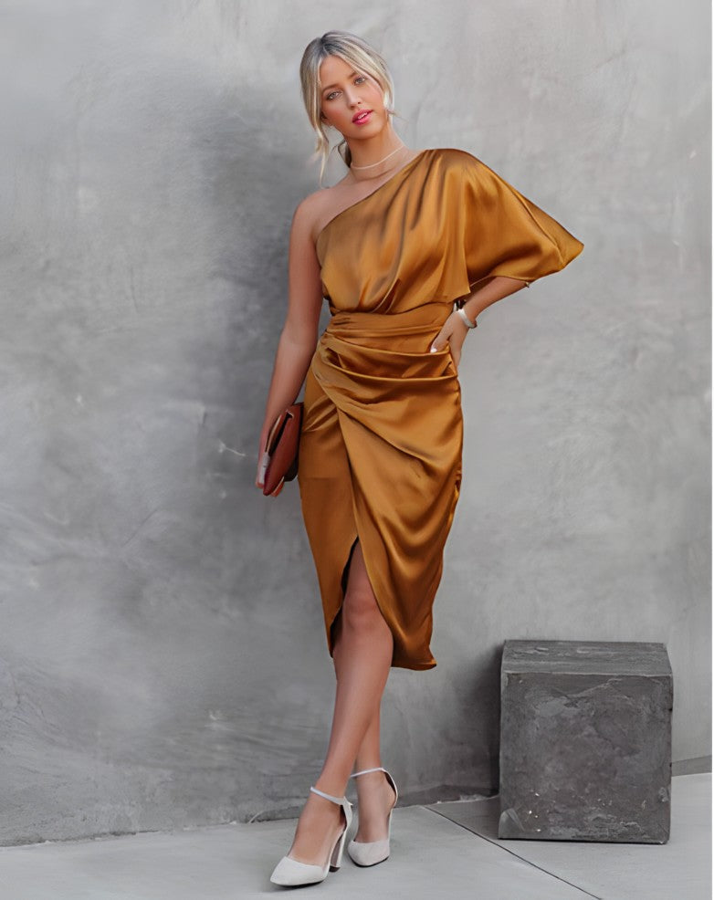 Flore | Einschulter Midikleid mit Drapierung für Damen