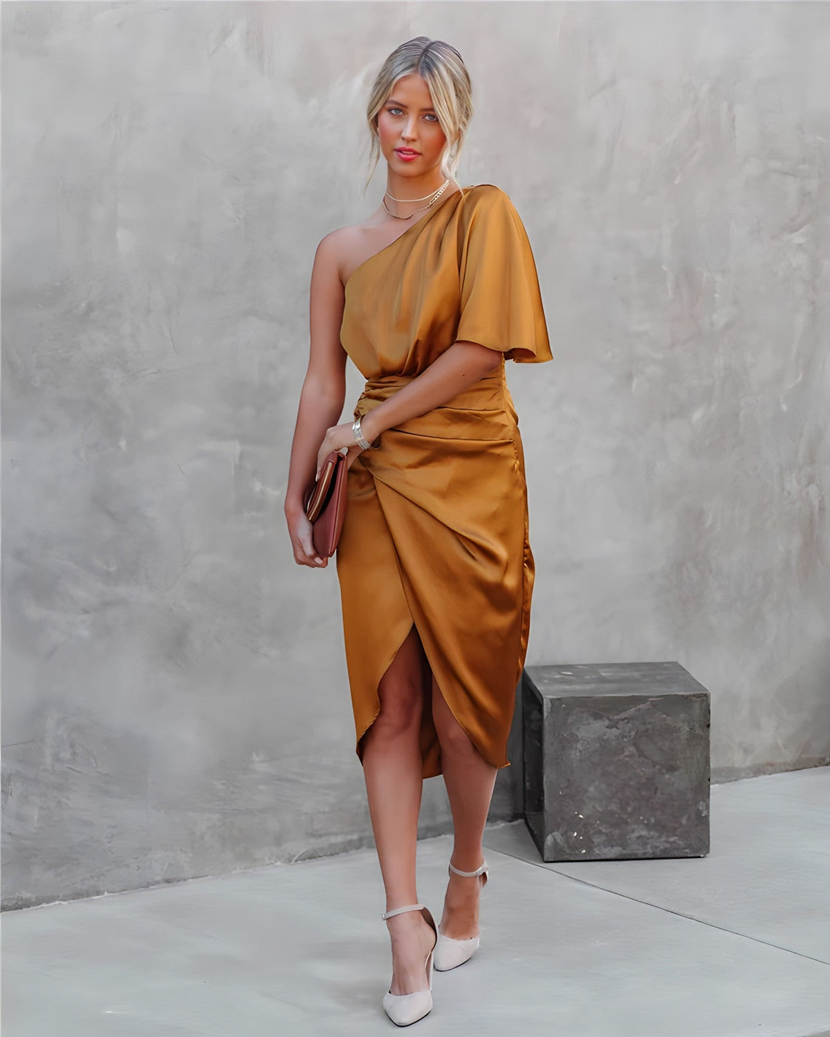Flore | Einschulter Midikleid mit Drapierung für Damen