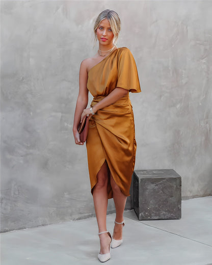 Flore | Einschulter Midikleid mit Drapierung für Damen