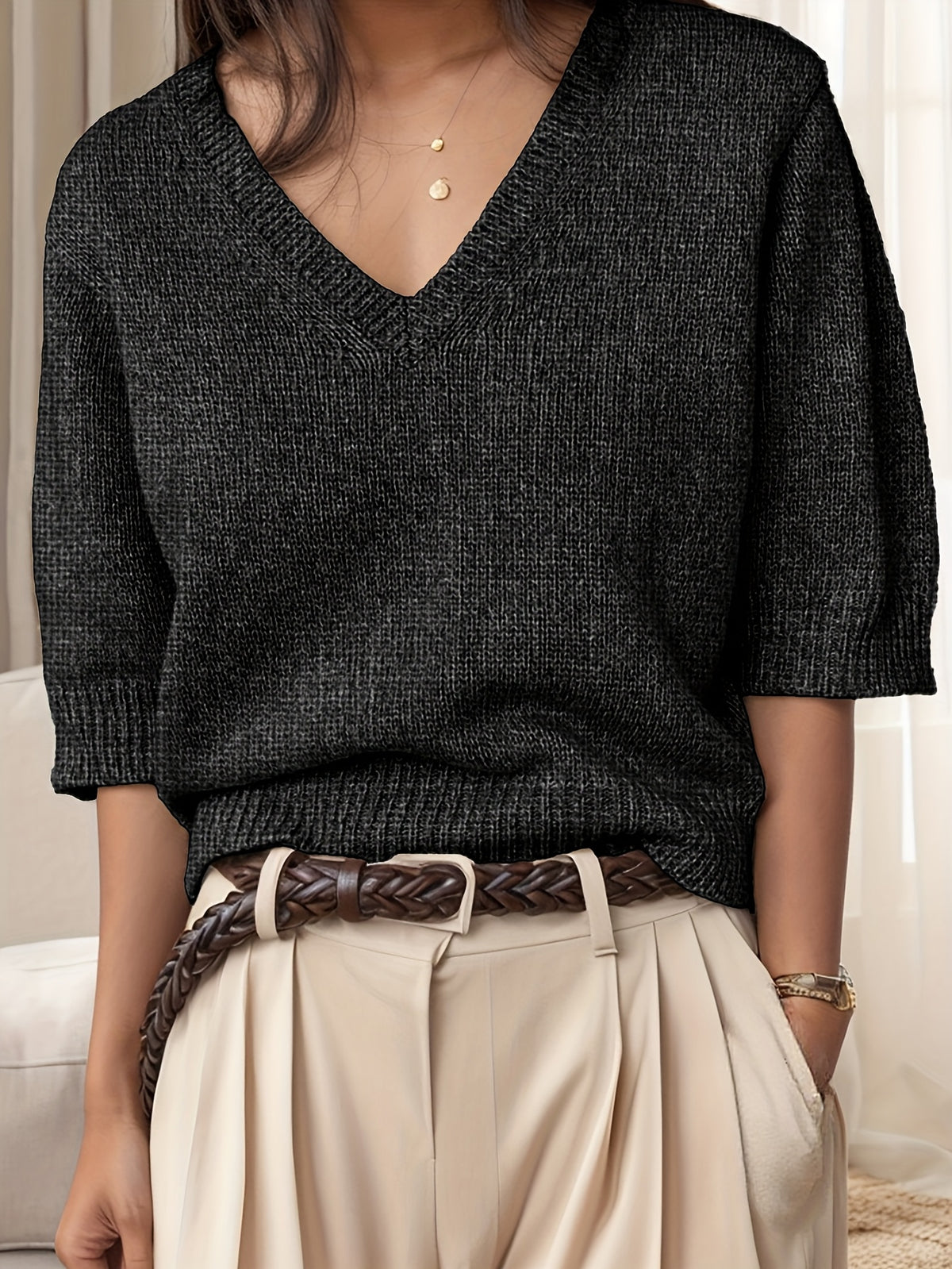 Justine | Oversized Damen Pullover mit V-Ausschnitt Kurzarm