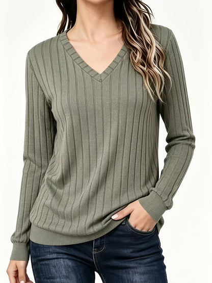 Katrine | Damen Rippstrick Pullover mit V-Ausschnitt Langarm