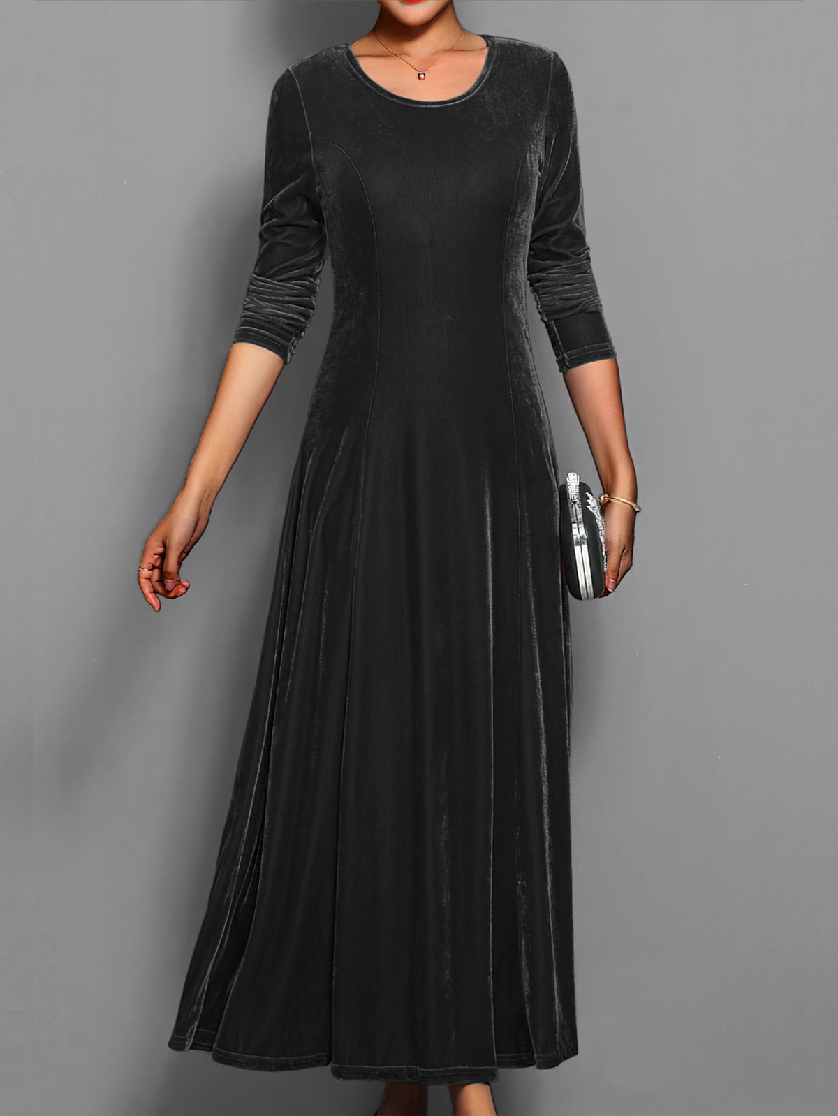 Leila | Elegantes Damen Samtkleid mit Rundhalsausschnitt Langarm