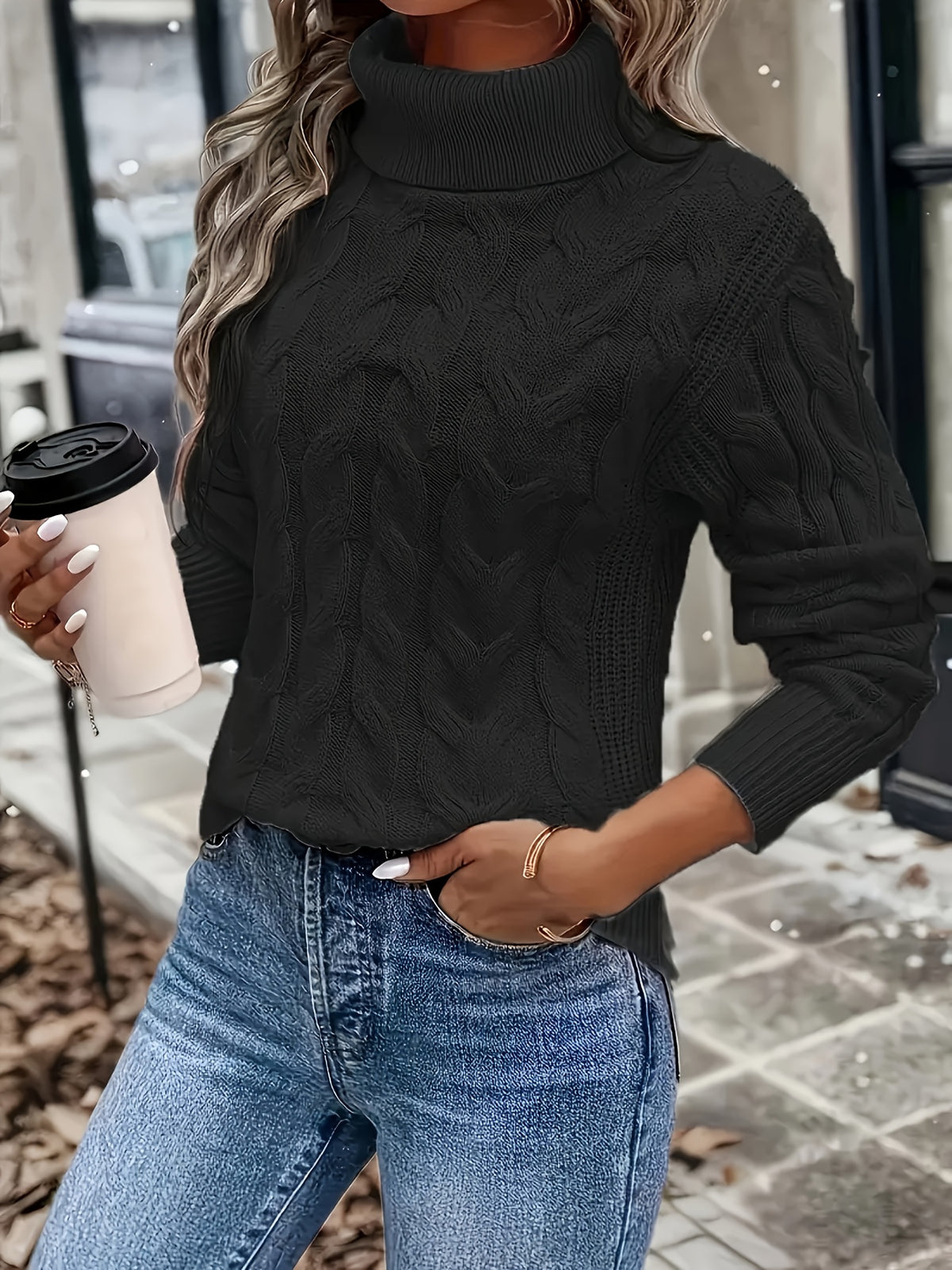 Anke | Damen Zopfmuster Rollkragenpullover mit Rippbündchen