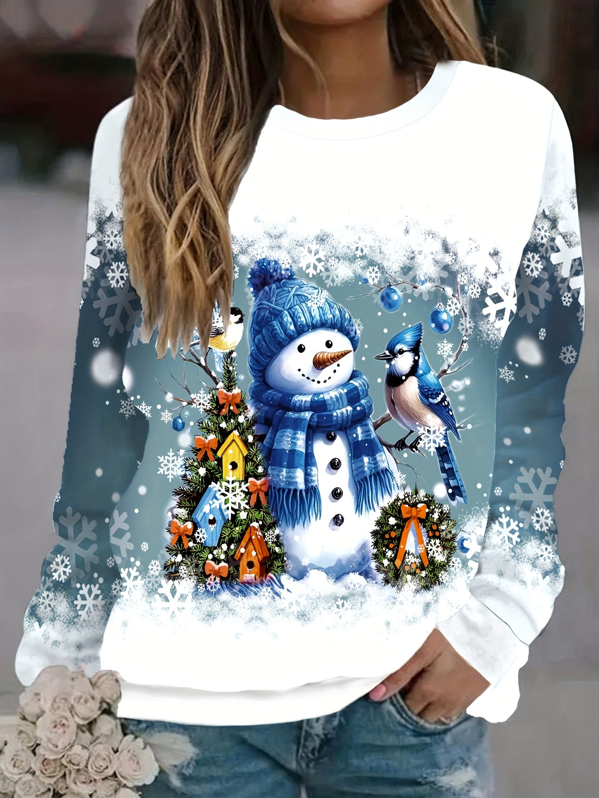 Alix | Weihnachtspullover mit Schneemann-Print Rundhals Damen