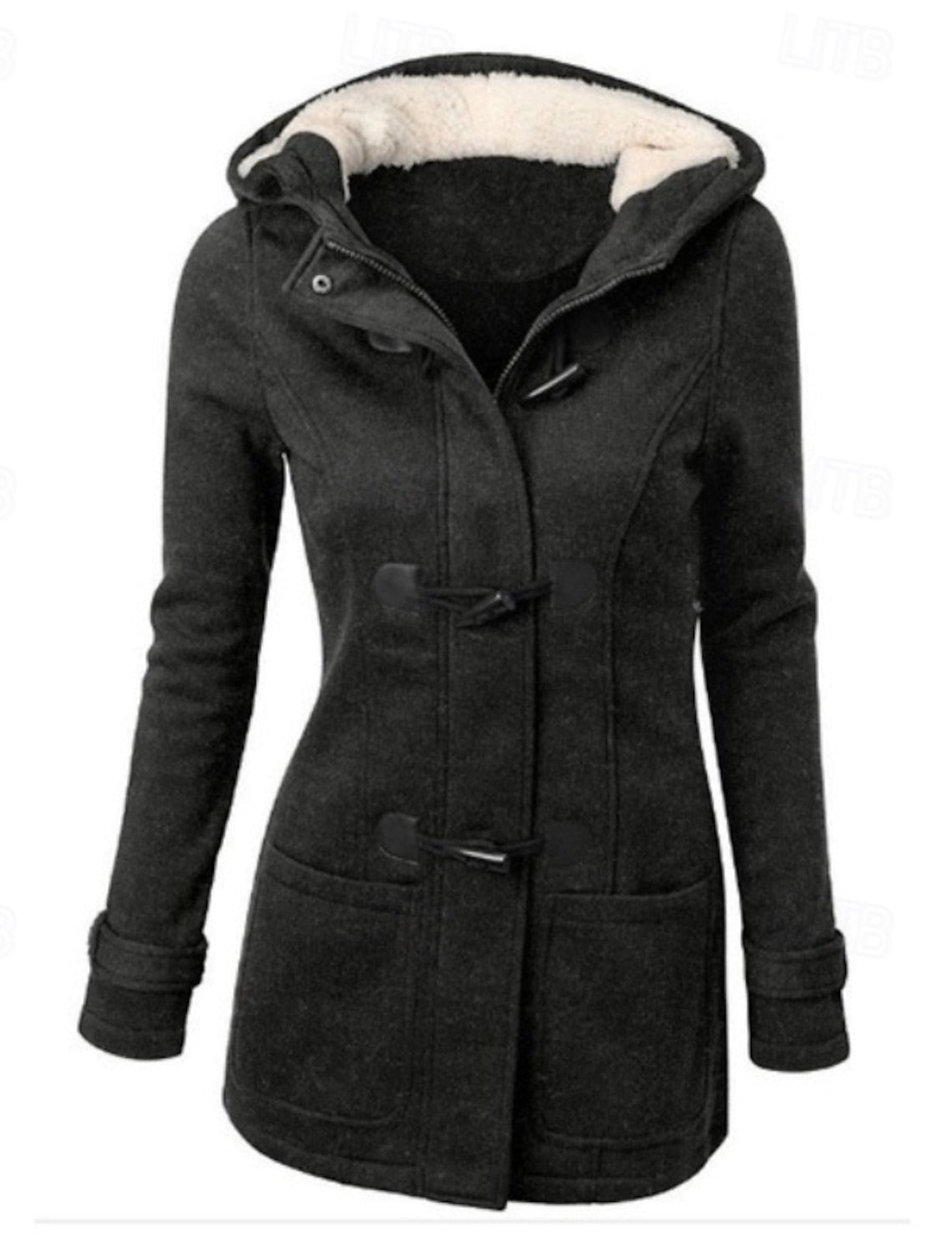 Eva | Winterjacke Damen Kapuze Hornknöpfe Taschen, Schwarz