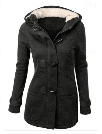 Eva | Winterjacke Damen Kapuze Hornknöpfe Taschen, Schwarz