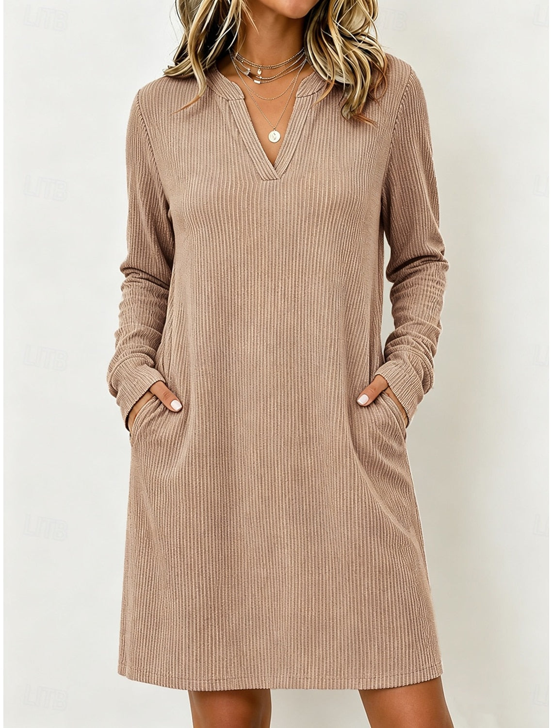 Lola | Damen Cordkleid Midi mit V-Ausschnitt und Taschen
