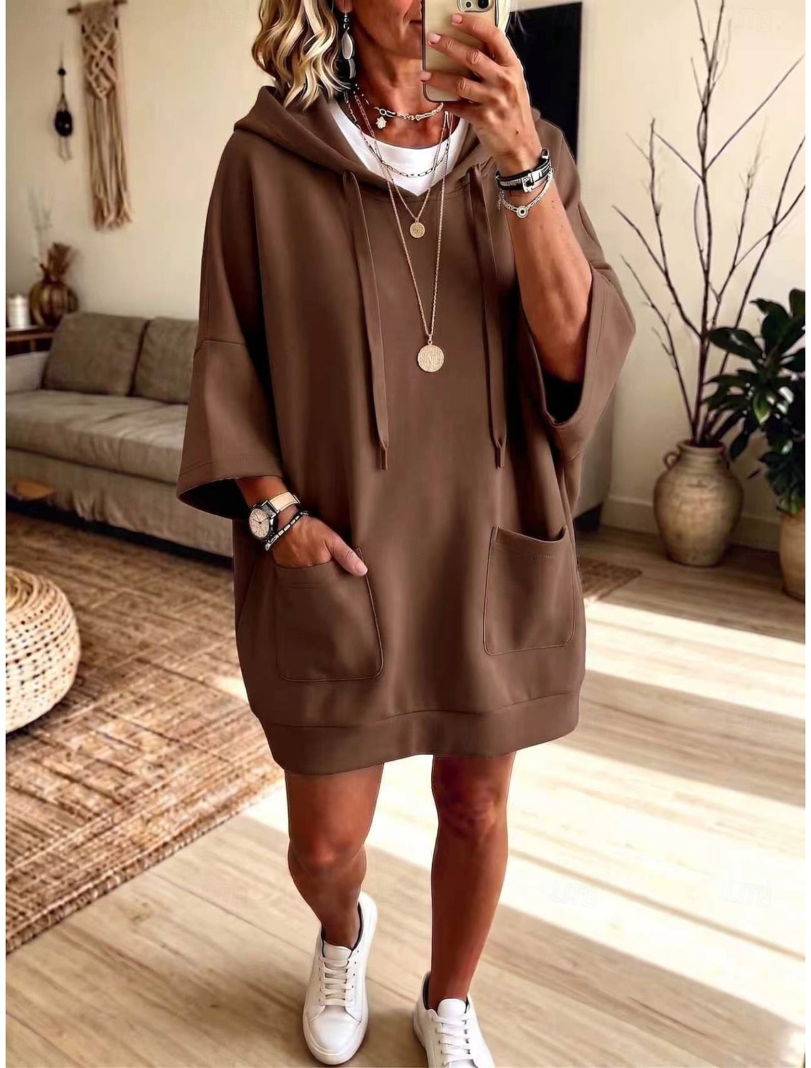 Livia | Damen Kapuzenkleid Oversized mit Kängurutasche