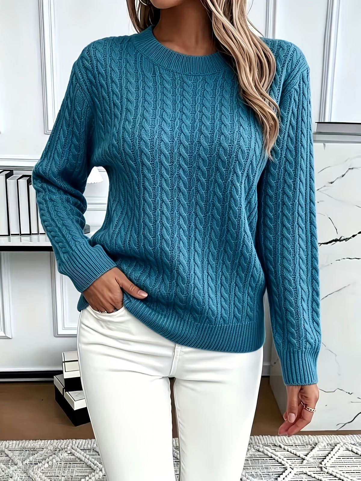 Jorien | Damen Zopfmuster Strickpullover Rundhalsausschnitt Oversized