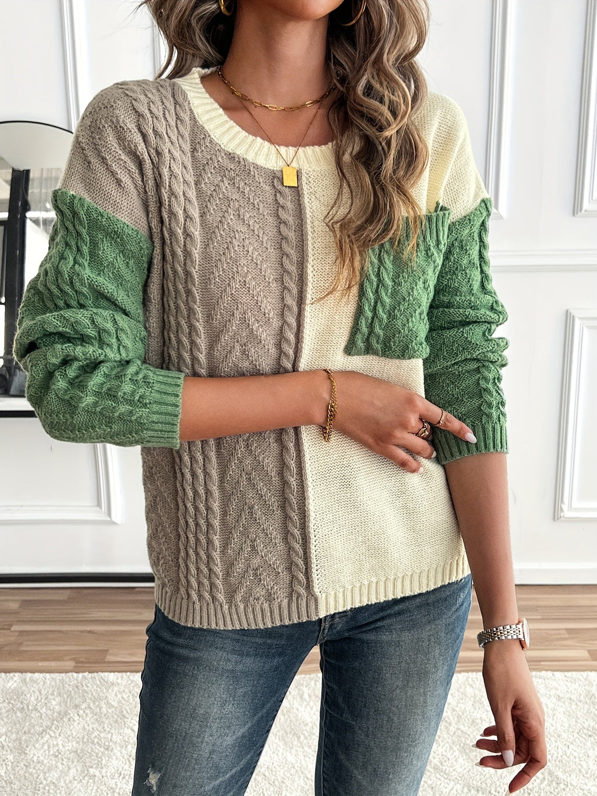 Lynn | Damen Zopfmuster Strickpullover mit Colorblock-Design Rundhals