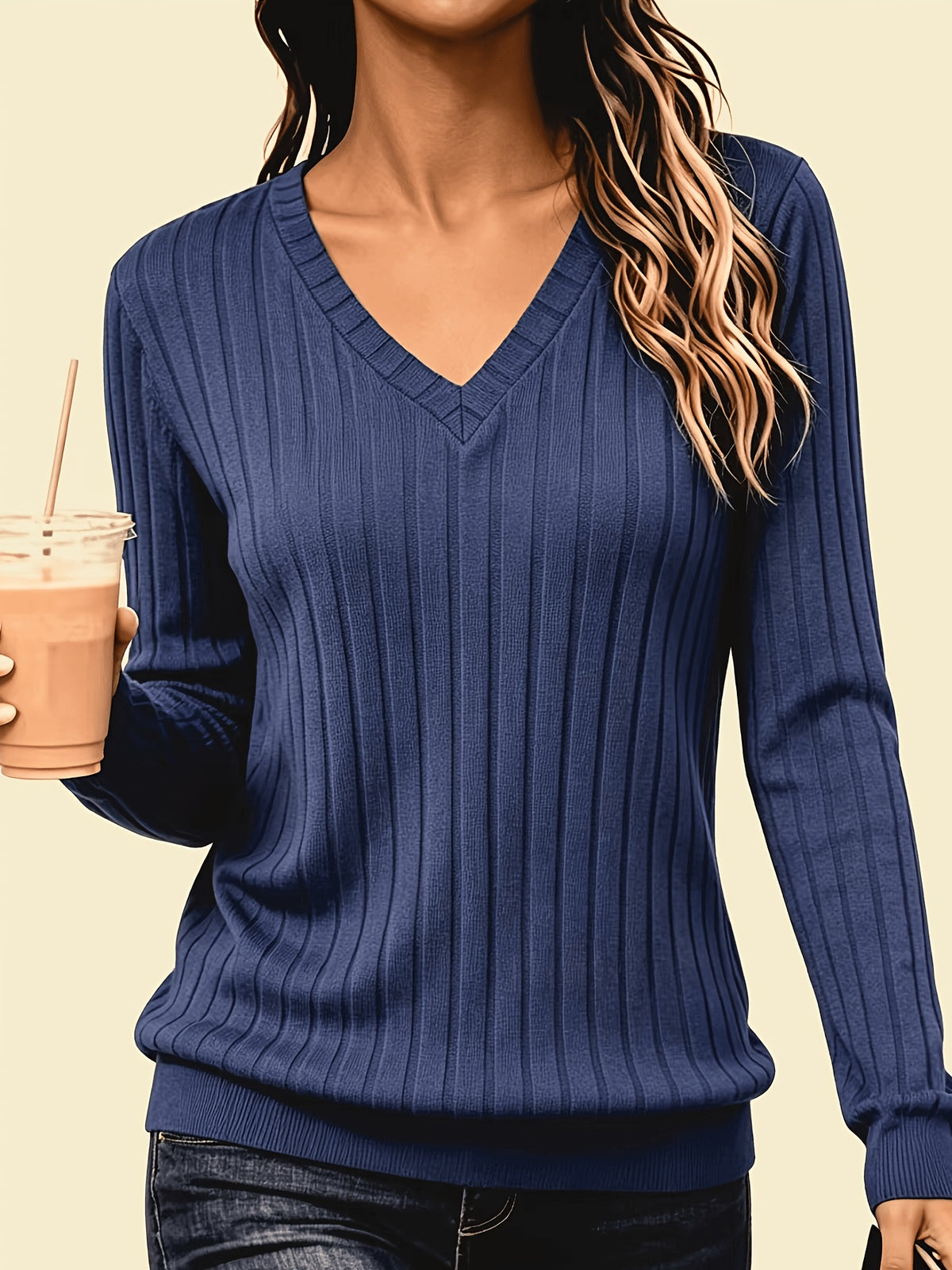 Katrine | Damen Rippstrick Pullover mit V-Ausschnitt Langarm