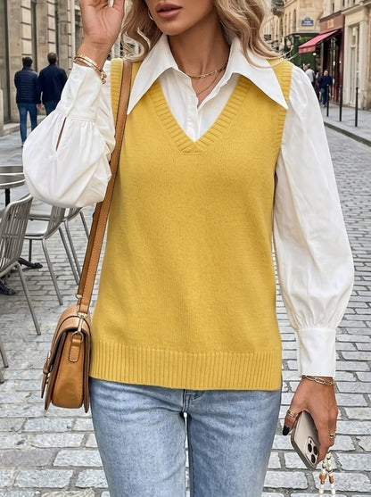 Isabel | Damen Strickweste im 2-in-1 Look mit V-Ausschnitt