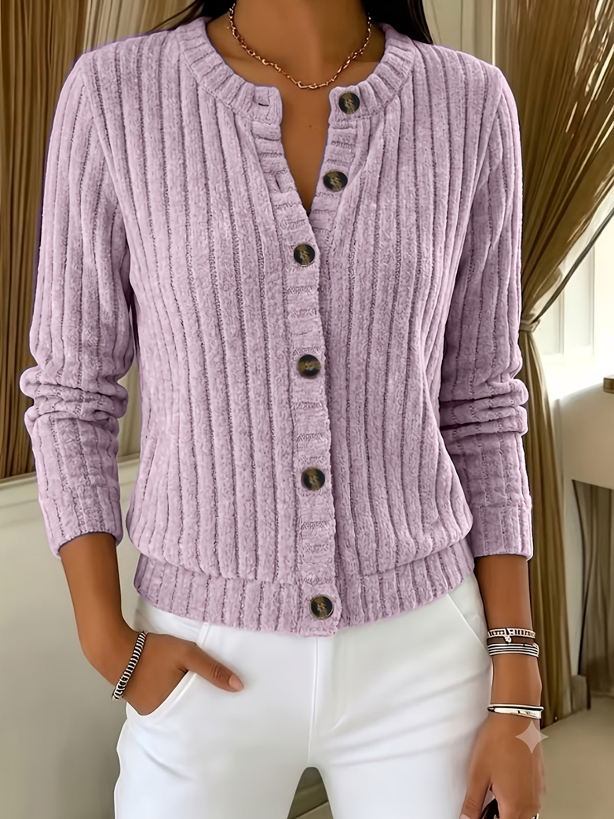Emma | Damen Strickcardigan geripptes Zopfmuster Knopfleiste