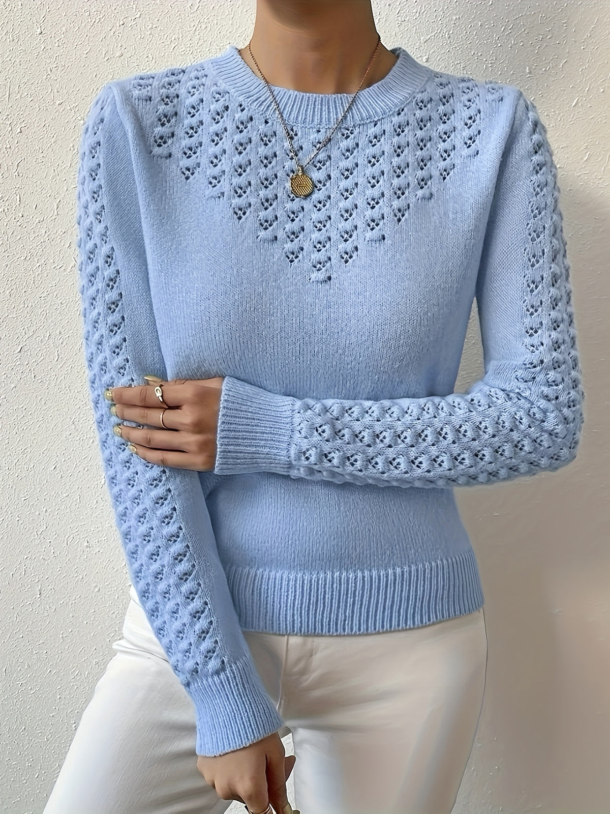 Karolina | Damen Strickpullover mit Lochmuster Ajour, Hellblau