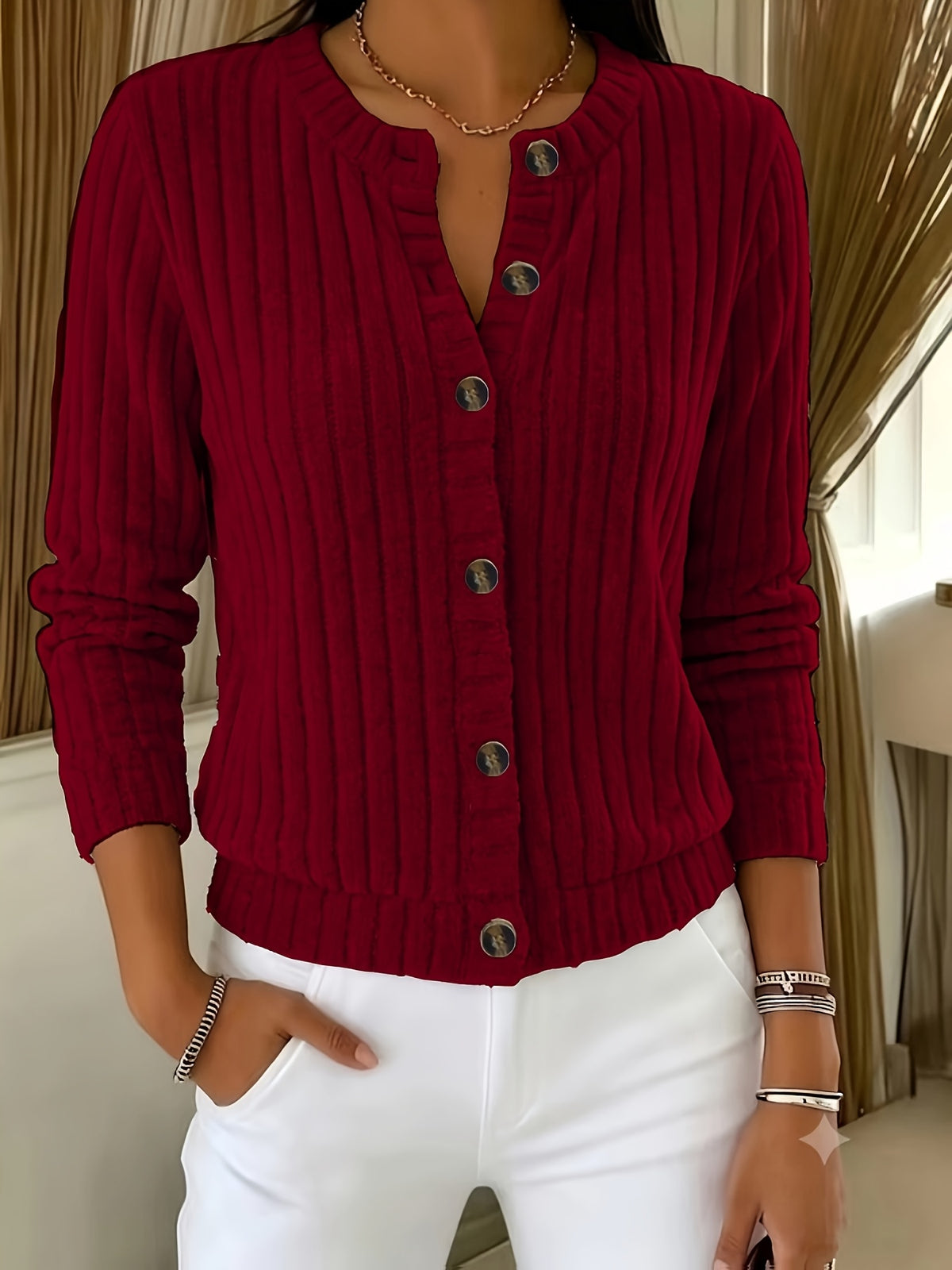 Emma | Damen Strickcardigan geripptes Zopfmuster Knopfleiste