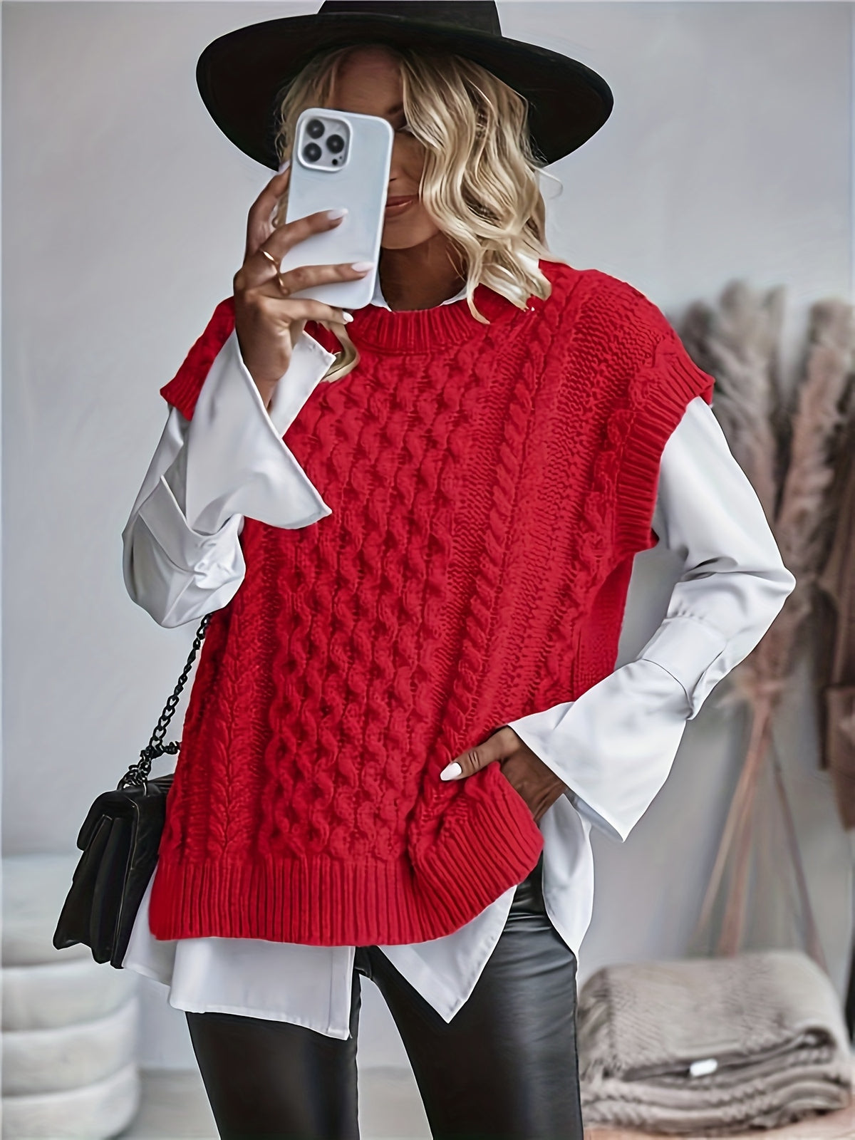 Inka | Damen Zopfmuster Strickweste oversized mit Rundhals