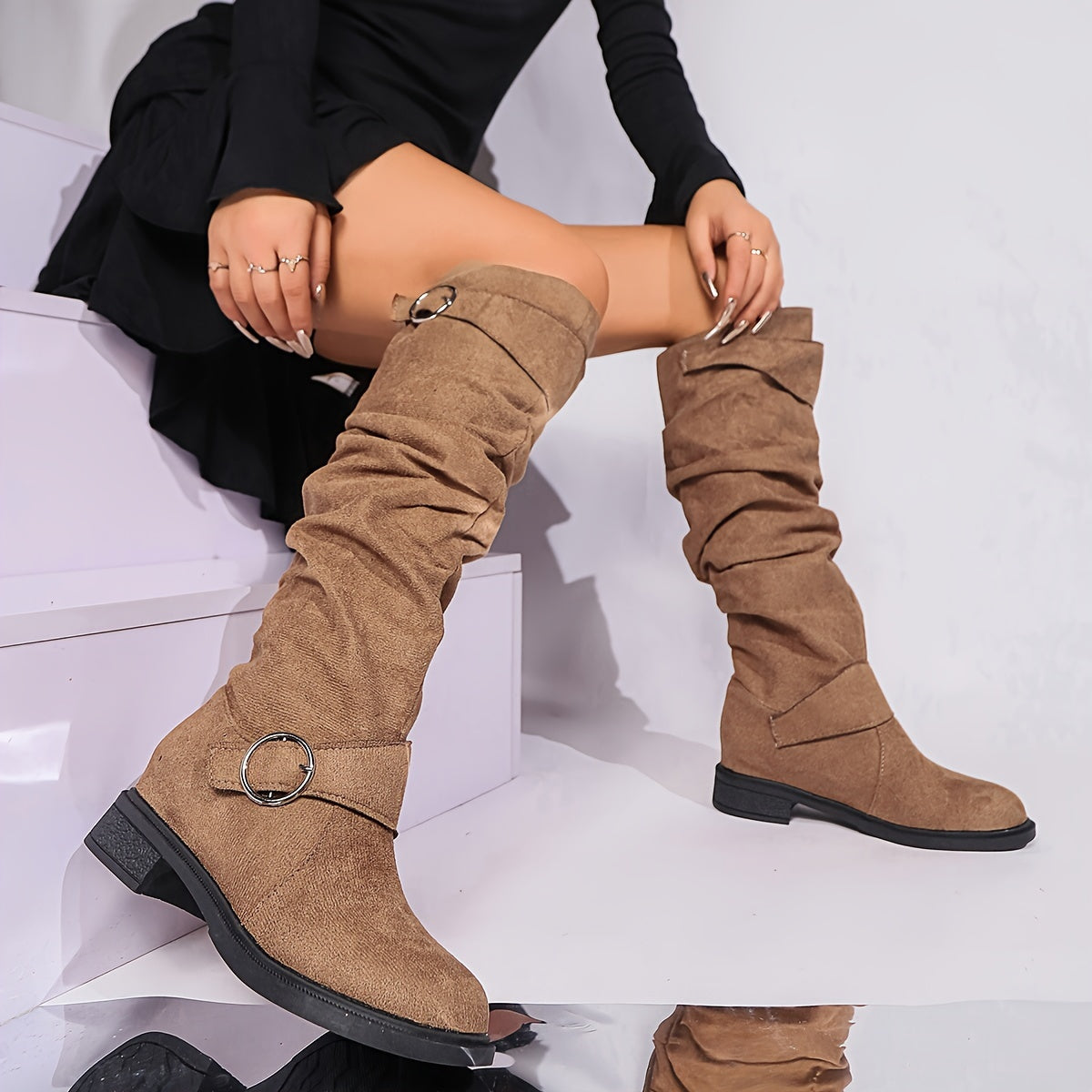 Birthe | Damen Chelsea Boots knielang mit Schnalle