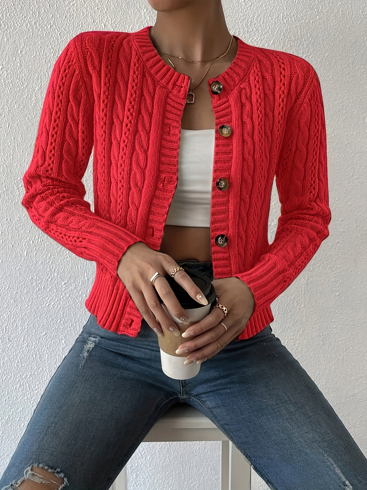 Mirela | Damen Zopfmuster Cardigan mit Knopfleiste, Grau