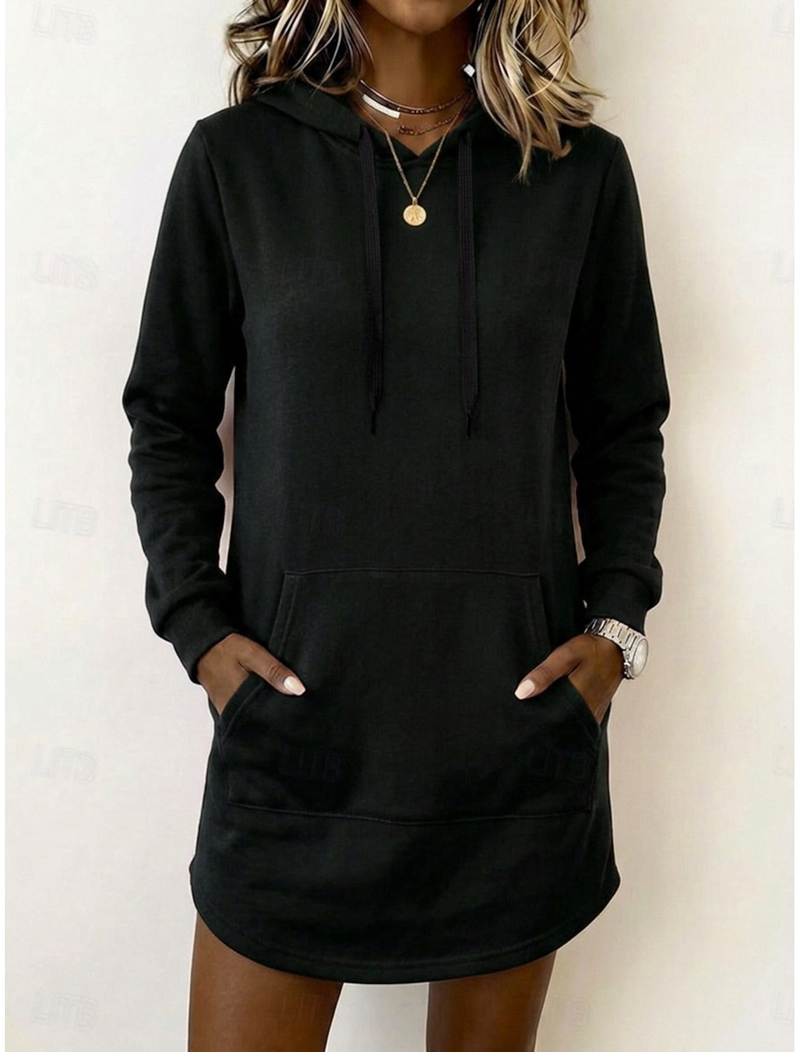 Kiki | Damen Kapuzenkleid Knielang mit Tunnelzug Langarm
