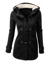 Eva | Winterjacke Damen Kapuze Hornknöpfe Taschen, Schwarz