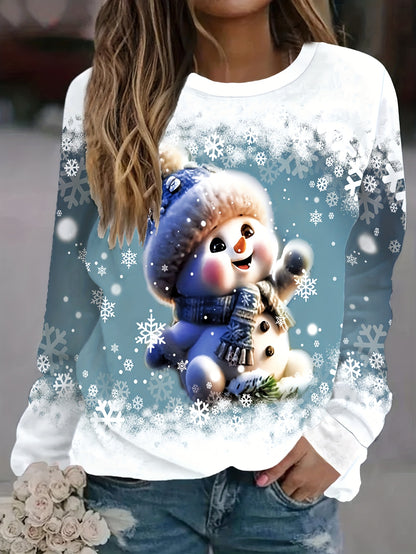 Alix | Weihnachtspullover mit Schneemann-Print Rundhals Damen