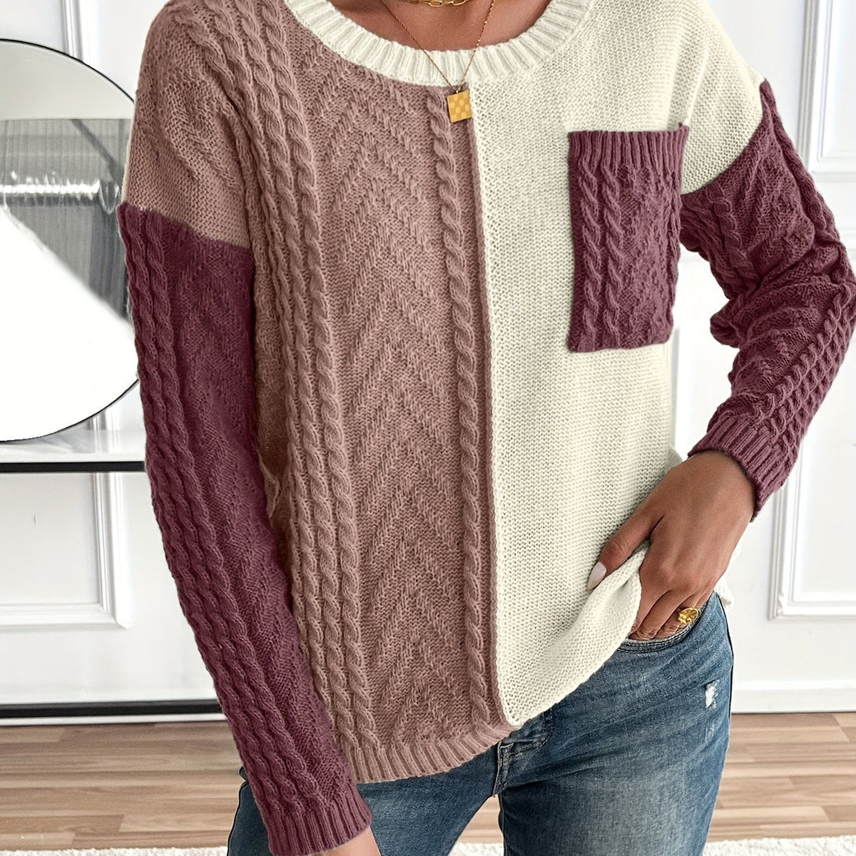 Lynn | Damen Zopfmuster Strickpullover mit Colorblock-Design Rundhals