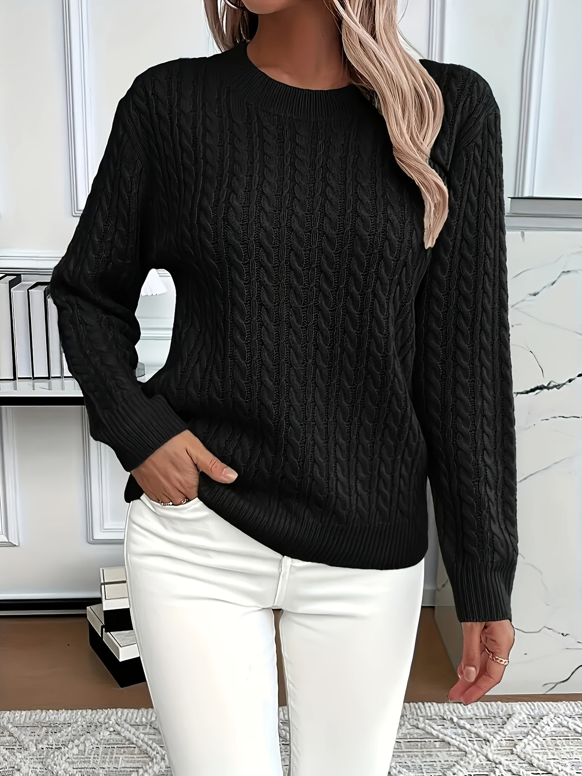 Jorien | Damen Zopfmuster Strickpullover Rundhalsausschnitt Oversized