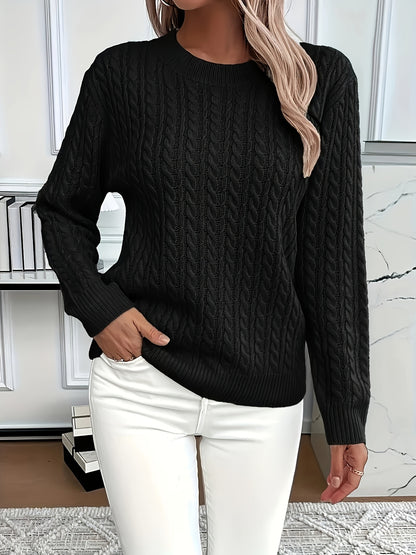 Jorien | Damen Zopfmuster Strickpullover Rundhalsausschnitt Oversized