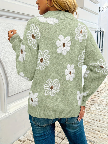 Ivy | Damen Blumenmuster Strickpullover mit Stehkragen Reißverschluss