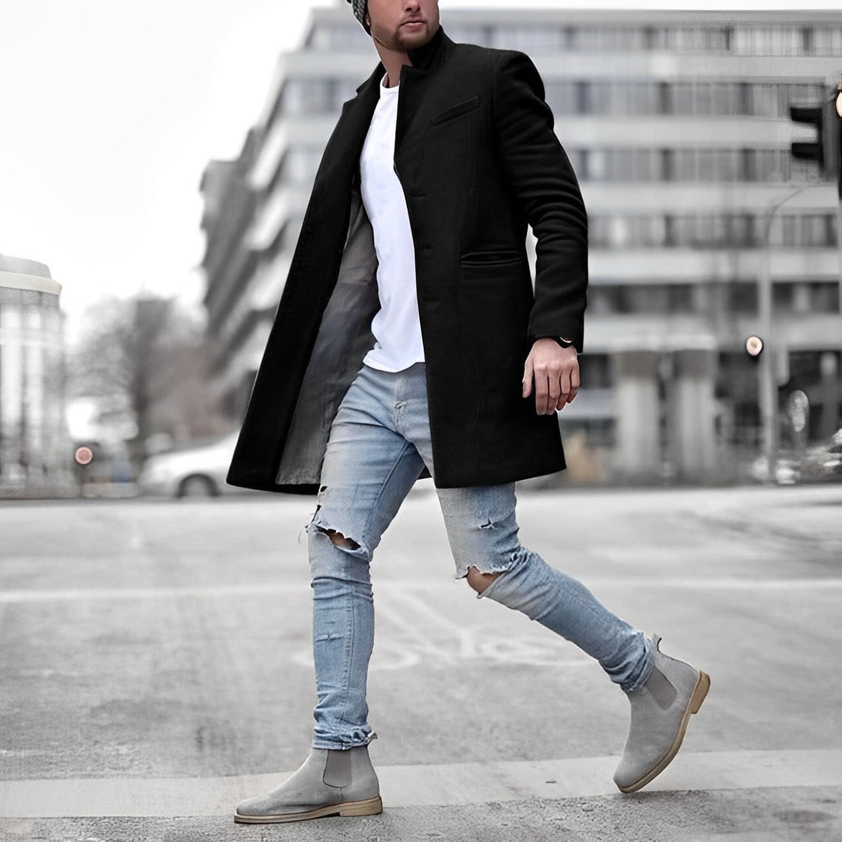 Christian | Herren Taillierter Mantel mit Stehkragen, Knopfleiste